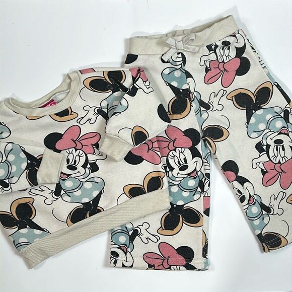 Disney Toddler Girls Beige 2 piece Minnie Mouse Outfit Sweat Pants & Shirt 18M - Picture 1 of 6